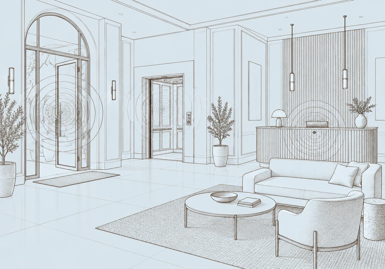 Blueprint sketch of a boutique hotel lobby with sound ripples at the door, elevator and reception